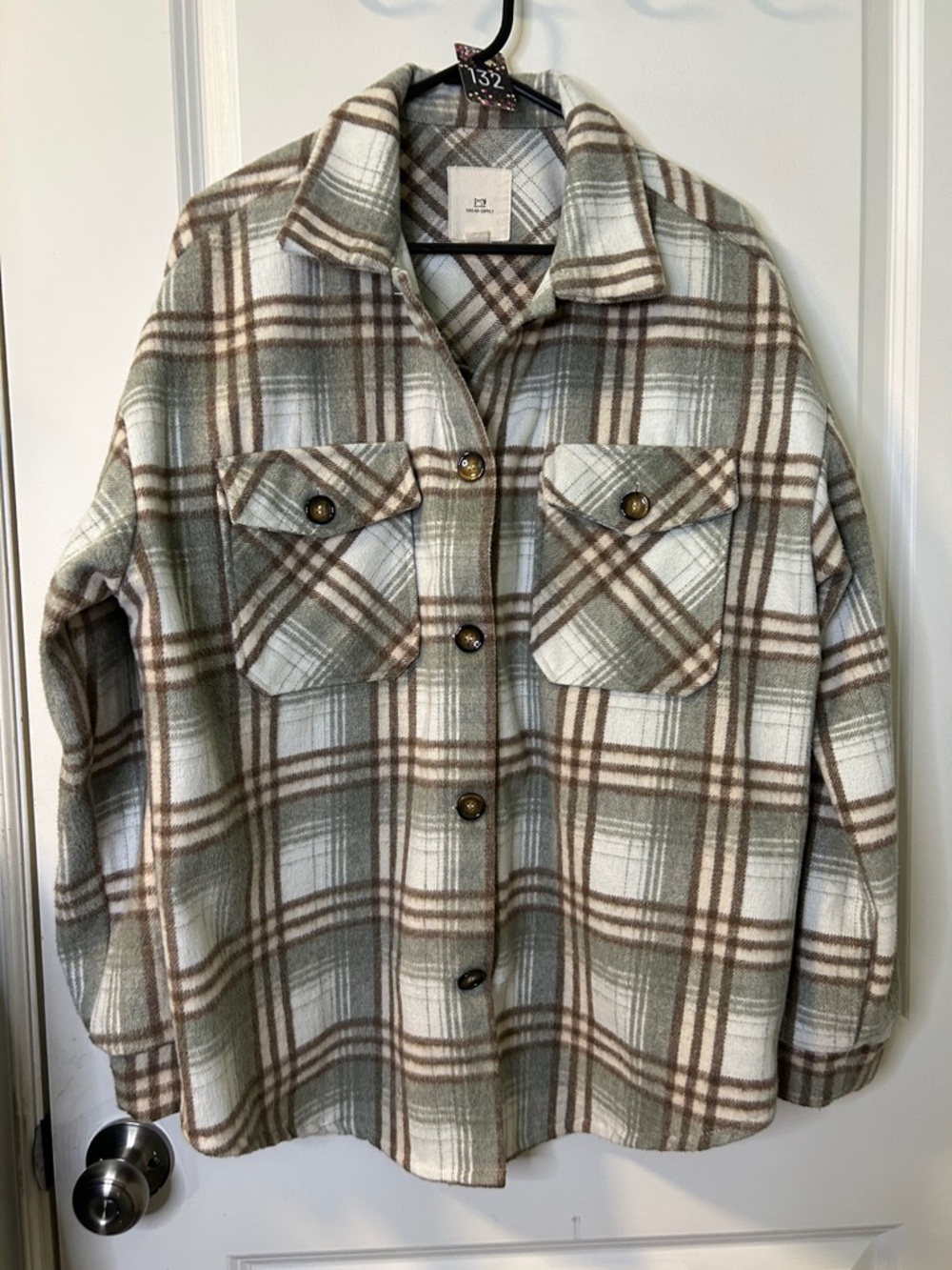 132. Thread & Supply Plaid Shacket in Sage, Cream & Brown Tones